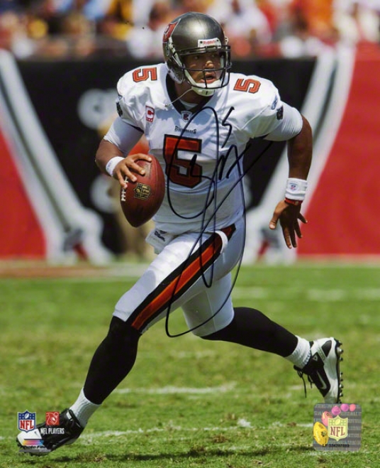 Josh Freeman Autographed 8x10 Photograph  Details: Tampa Bay Buccaneers, White Jersey, Running