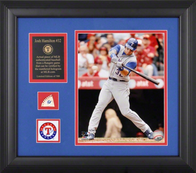 Josh Hamilton Texas Rangers Framed 8x10 Photograph Through  Game Used Baseball Piiece, Team Medallion And Descriptive Plate