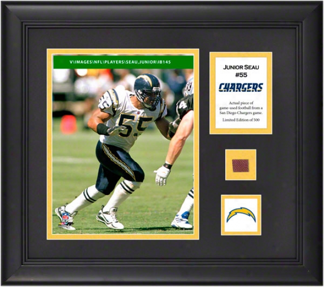 Junior Seau Framed 8x10 Photograph  Details: San Diego Chargers, With Game Used Football Gun And Descriptive Plate