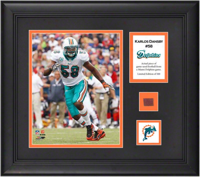 Karlos Dansby Framed 8x10 Photograph  Drtails: Miami Dklphins, With Game Used Football Piece And Descriptive Dish