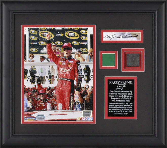 Kasey Kahne - 2008 Pocono 500 - Framed 8x10 Photograph With Autographed Card, Race Used Ture And Flag Pieces