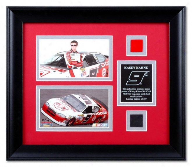 Kasey Kahne Framed Photographs With Race Used Sheet Metal And Tire Pieces