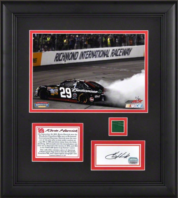 Kevkn Harvick Framed 8x10 Photograph  Details: 2011 Wonderful Pistachios 400 Victory At Richmond International Racewway, With Autograph Card And Unseasoned Flag - Lim