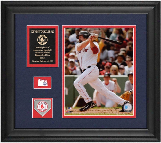 Kevin Youkilis Boston Red Sox Framed 8x10 Photograph With Team Medallion ,Game Used Basseball Piece And Descriptive Plate