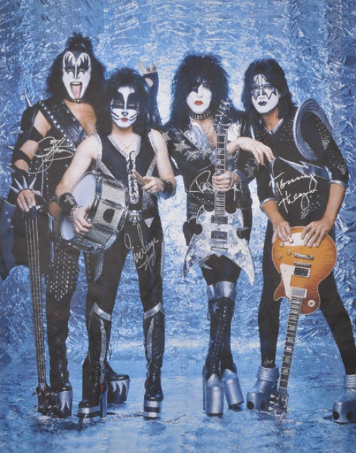 Kiss - With Guitae - Autographed 40x60 Canvas With 4 Signatures