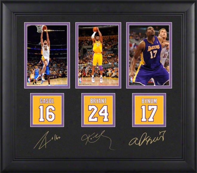 Kobe Bryant, Pau Gasol, And Andrew Bynum 4x6 Photograph  Detalis: Los Angeles Lakers, With Facsimile Signatures, Jersey Number Replica Miniatures