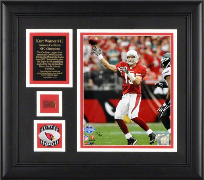 Kurt Warner Arizona Cardinals Framed 8x10 Photogrwph With Game Used Football/medallion And Plate