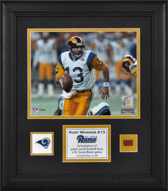 Kurt Warner Framed 8x10 Photograph  Degails: St. Louis Rams, With Game Used Football Piece And Descriptive Plate