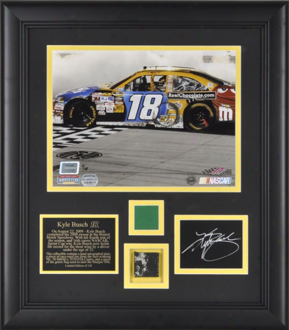 Kyle Busch 2009 Bristol â€␜sharpie 500 Framed 8x10 Photograph With Green Flag, Autogarph Plate And Race Winning Tire - Le Of 118