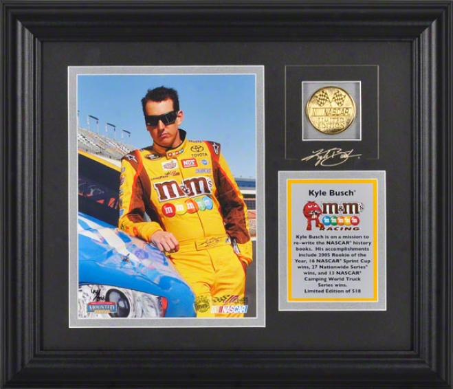 Kyle Busch Framed 6x8 Photograph With Facsimile Stamp, Engraved Plate And Gold Coin - Le Of 518