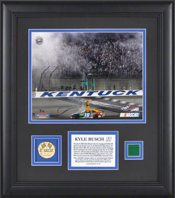 Kyle Busch Framed 8x10 Phottograph  Details: 2011 Quaker State 400 Kentucky Speedway Inaugural Rac, With Gold Coin And Flag - Limited Edition Of 118