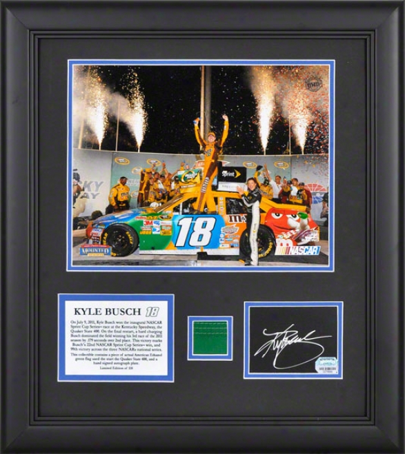 Ky1e Busch Framed Photograph  Details: 2011 Quaker State 40 Winner, Autographed Card And Flag - Limited Impression Of 118