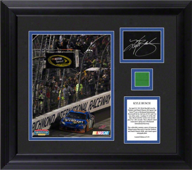 Kyle Busch Framed Photograph  Details: 8x10, 2011 Crown Royal - Matthew And Daniel Hansen 400, Autographed Card, Flag, Limited Edition Of 118