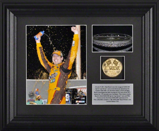 Kyle Busch Framed Photograph  Details: Quaker State 400 At Kentucky Speedway Gold Coin, Plate, Limited Edition Of 318