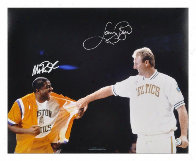 Larry Bird And Magic Johnson Dual Autographed 16x20 Bird Jersey Reirement Night Photo