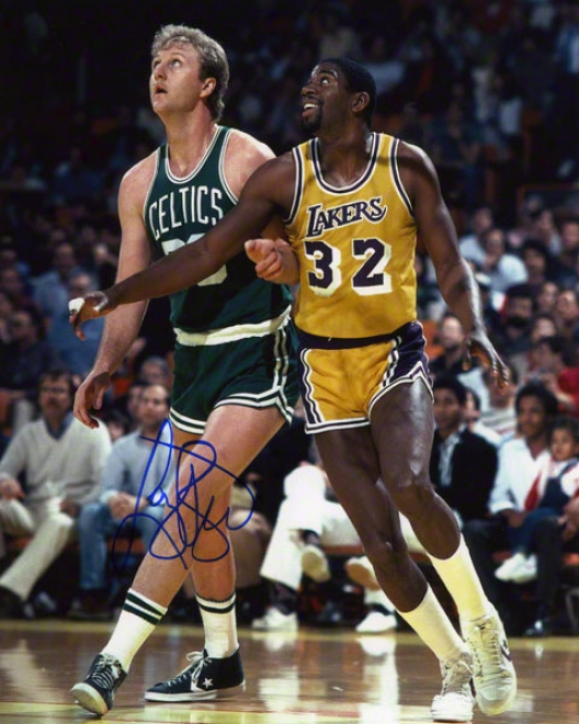 Larr6 Bird Autographed 8x10 Photograph  Details: Boston Celtics, With Magic Johnson