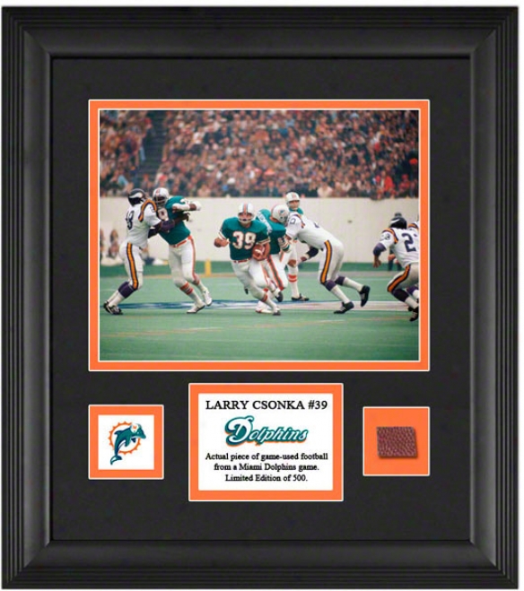 Larry Csonka Framed 8x10 Photograph  Particulars: Miami Dolphins, With Game Used Football Piece And Descriptive Plate