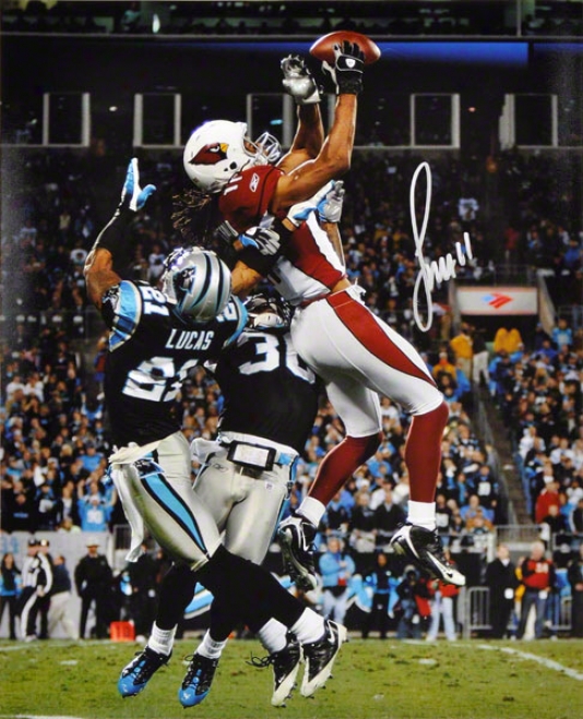 Larry Fitzgerald Autographed 16x20 Photograph  Details: Arizona Cardinalss, Leap Vs. Carolina Panthers