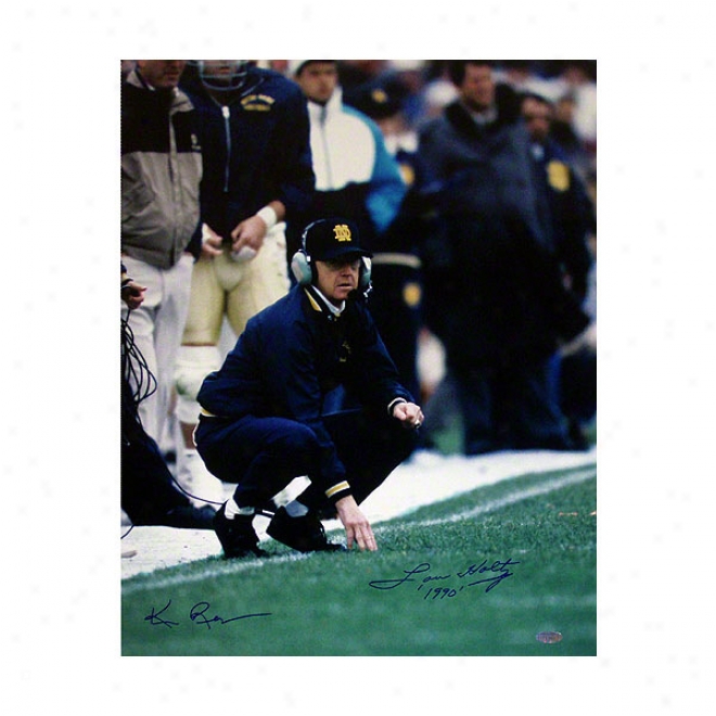 Lou Holtz Notre Dame Fighting Irish 16x20 1990 Crouching Forward Sideline Autographed Photograph