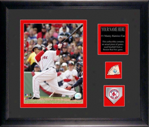 Manny Ramirez Boston Red Sox Framrd 6x8 Photograph With Personalized Plate, Game Used Baseballl Piece And Team Medallion