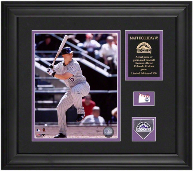 Matt Holliday Colorado Rockies Framed 8x10 Photograph With Game Used Baseball Piece Andd Descriptive Plate