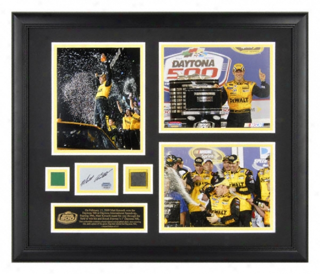 Matt Kenseth Framed Three 8x10 Daytona 500 Photographs With Autographed Card, Race Used Irk And Green Flag