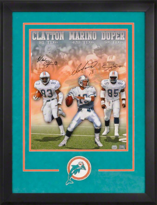 Miami Dolphins Framed Autographed Photograph  Details: Marino, Duper And Clayton, 16x20, 3 Signatures