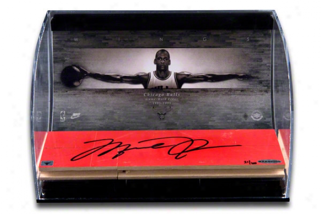 Michael Jordan Autographed Bulls 3x10 Game Used Floor Piece With Wings 8x10 In Horizontal Curved Acryllic Display Case