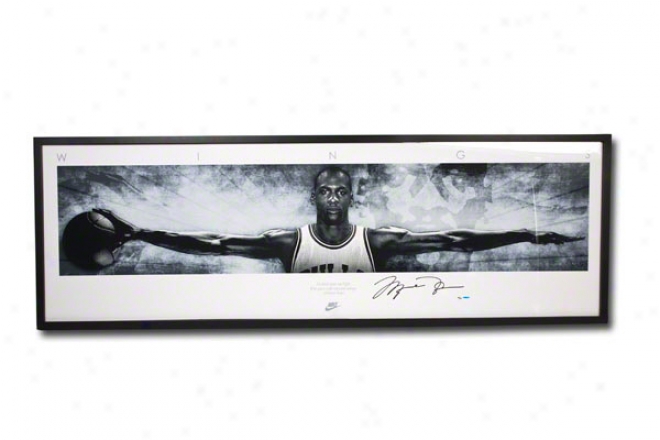 Michael Jordan Autographed Chicago Bulls 20th Anniversary Nike Wings Concept Poster Edition 76x28 Framed Panoramic Photograph