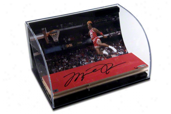 Michael Jordan Game Used Autographed 3x10 Floor Piece And Photo  Details: Chicago Bulls, &quot88 Slam Dunk,&quot Horizontal Curve Acrylic Displlay Case, 8x10, Li