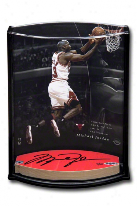 Michael Jordan Game Used Autographed 3x6 Oval Floor Piexe And Photo  Details: Chicago Bulls, &quot72 Wins,&quot Vertical Curved Acrylic Display Case, 8x10, Limi