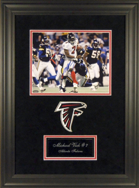 Michael Vick Atlanta Falcons - The Play - Deluxe Framed Autographed 8x10 Photograph With Team Logo