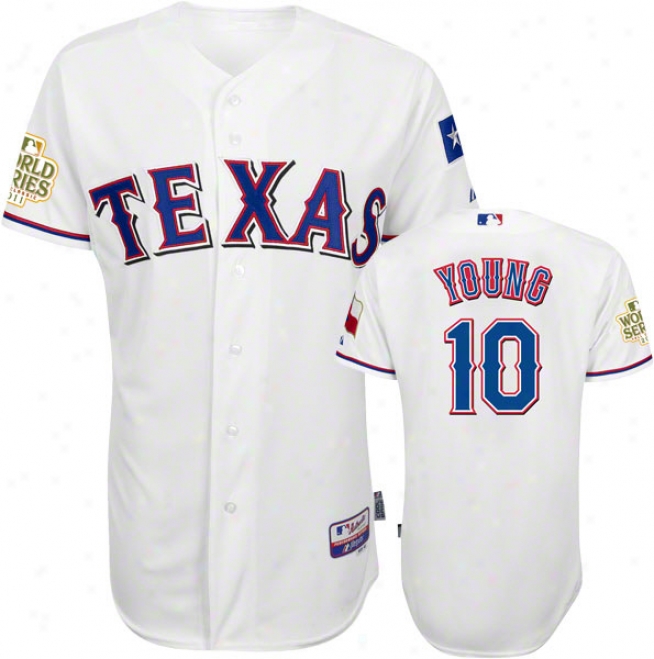 Michael Young Jersey: Texas Rangers #10 Home White Authentic Indifferent Base␞ Jersey With 2011 World Series Participant Patch