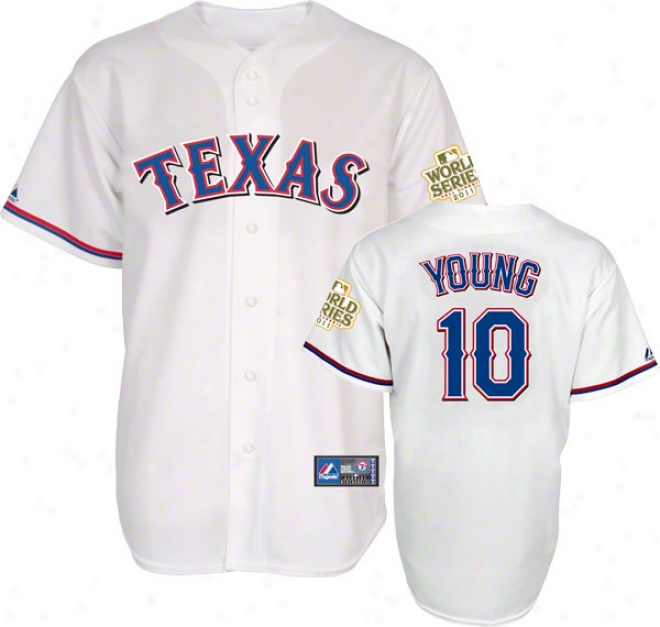 Michael Young Jersey: Texas Rangers #10 Home White Replica Jersey With 2011 World Series Participant Patch