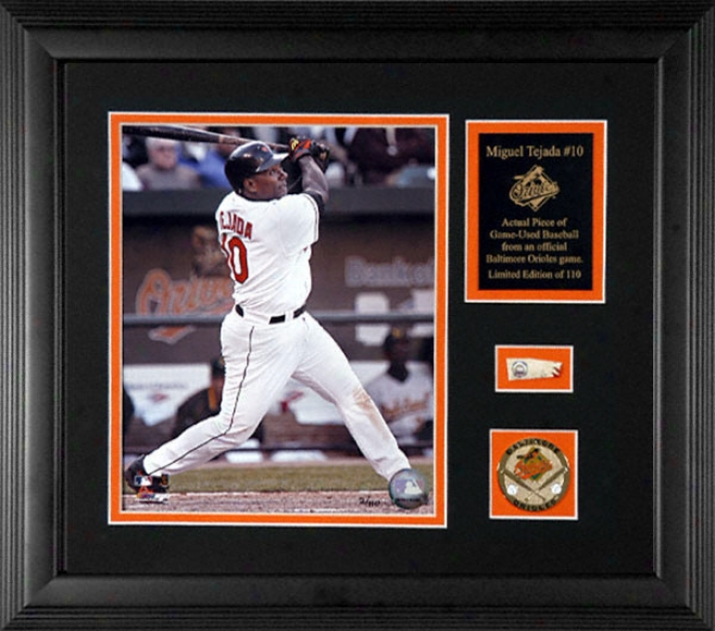 Miguel Tejada Baitimore Orioles Framed 8x10 Photograph With Game Used 2005 Baseball Piece & Medallion