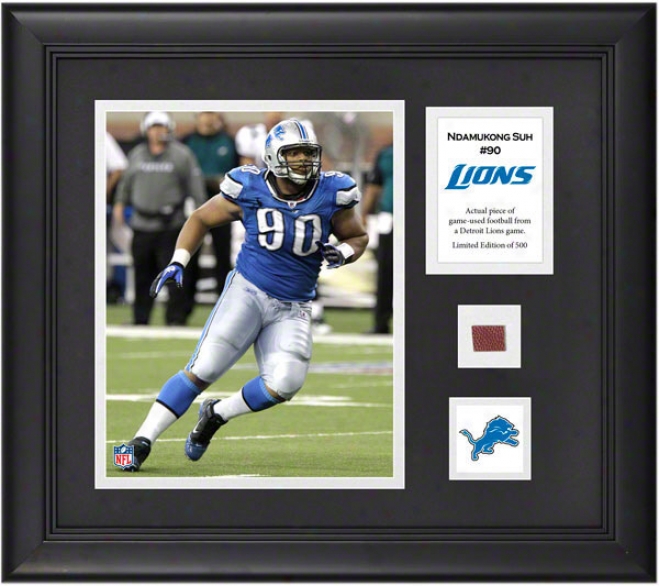 Ndamukong Suh Framed 8x10 Photograph  Details: Detroit Lions, With Game Used Football Piece And Descriptive Plate