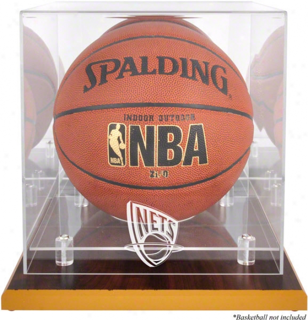 New Jersey Nets Woodbase Logo Basketball Display Case And Mirror Back