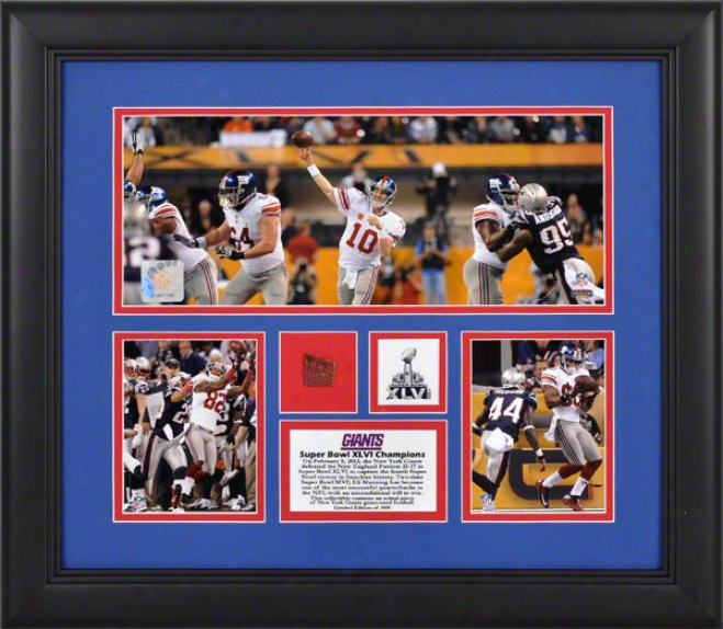 New York Giants 3-photograph Framed Collage  Details: Super Bowll Xlvi Champions, With Game Used Football, Limited Edition Of 1000