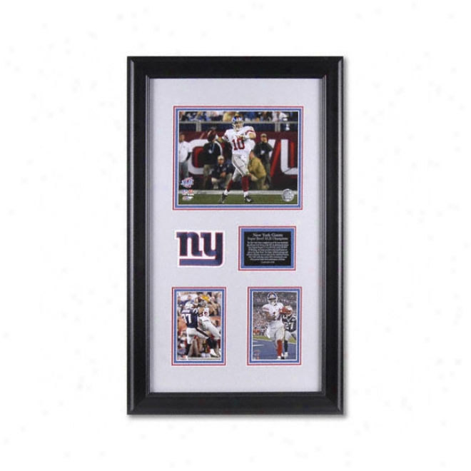 New York Giants Super Bowl Xlii Champions Framed Display Piece With 8x10 And Tao 4x6 Photographs With Team Patch