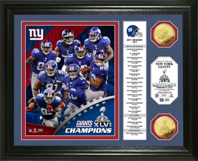 Repaired York Giants Super Bowl lXvi Champions Gold Coin Banner Photo Mint