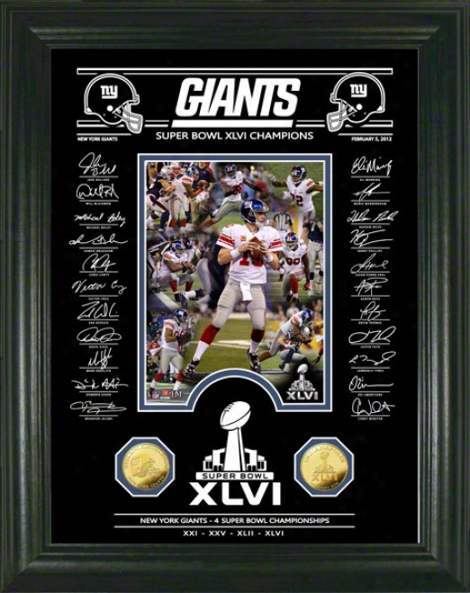 New York Giants Super Bowl Xlvi Champions Gold Coin Signature Etched Glass Photo Mint