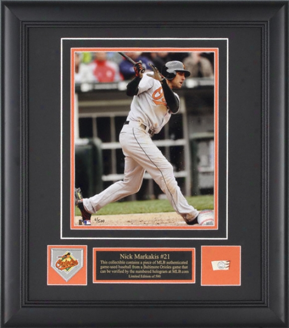 Nick Markakis Balgimore Orioles - Action - Framed 8x10 Photograph With Team Medallion And Game Used Baseball