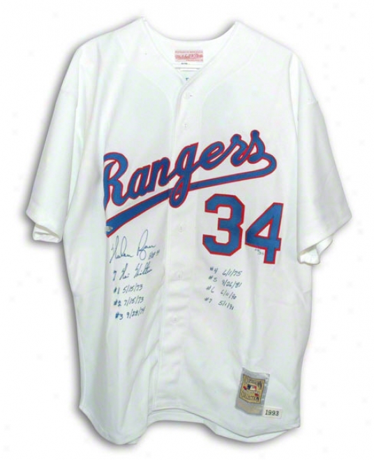 Nolan Ryan Autographed Limited Edition Of 34 Mitchell And Ness Texas Rangers Jersey Inscribed With The Dates Of All Seven Of Nolan Ryan's Career No-hitters And