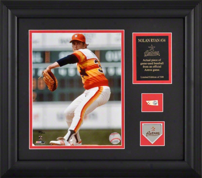 Nolan Ryan Houstoon Astros Framed 8x10 Photograph With Baseball Piece And Dedcriptive Plate