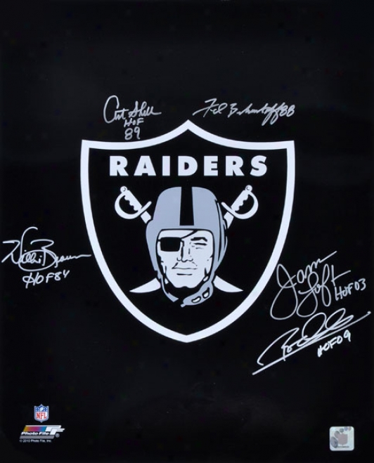 Oakland Raiders Autographed Logo  Details: 16x20, 5 Signatures And Hof Inscriptions