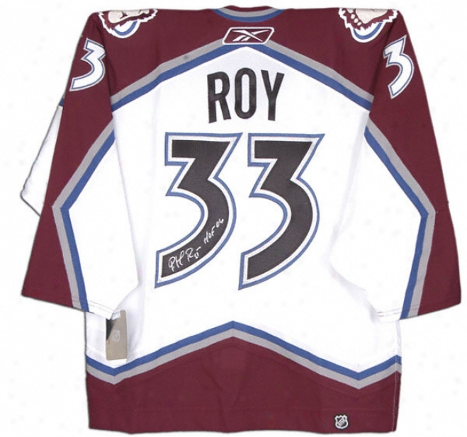 Patrick Roy Autographed Jersey  Details: Colorado Avapanche, White, Reebok, Hof Inscription