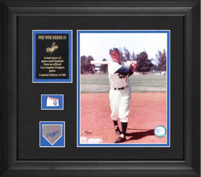 Pee Wee Reese Los Angdles Dodgers Framed 8x10 Photograph With Game Used Baseball Piece, Team Medallion And Descriptive Plate