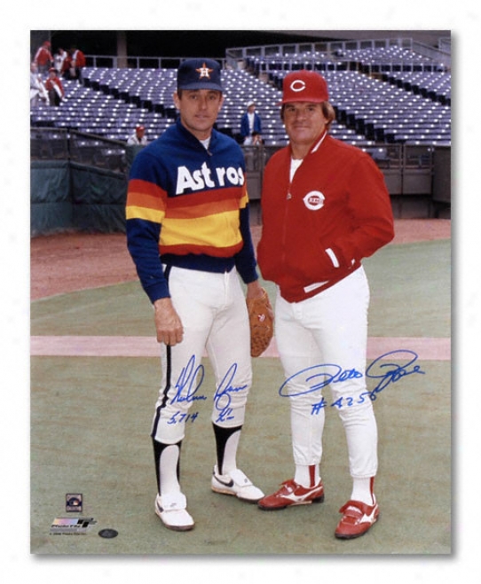 Pete Rose And Nolah Ryan Autographed 16x20 Photograph With 5714 Ks And 4256 Inscriptions