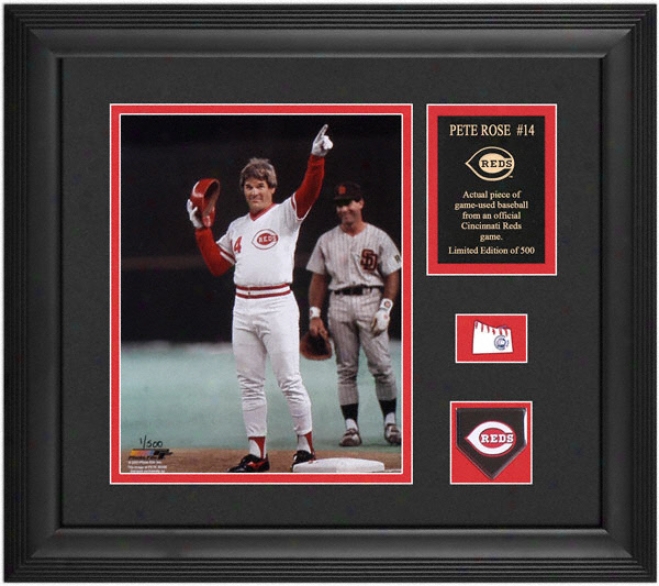 Pete Rose Cincinnati Reds Framed 8x10 Photograph With Game Used Baseball Piece, Team Medallion And Descriptive Dish