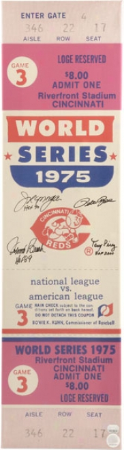 Pete Rose, Johnny Bench, Joe Morgan And Tony Perez Cincinnati Reds - 1975 Ws Gm 3 - Autographed Mega Ticket